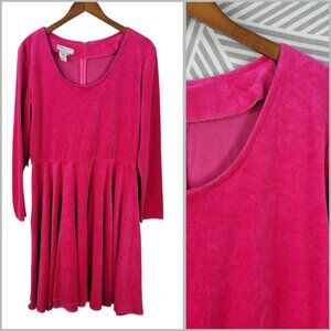 Vintage Velour Shirt Dress 16 XL Alt Bright Neon Pink Flare skirt Knee Length